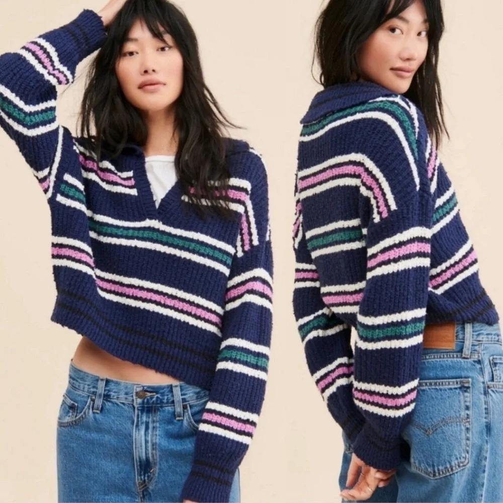 NEW Free People Kennedy Midnight Sail Stripe Navy V-Neck Knit Sweater XL